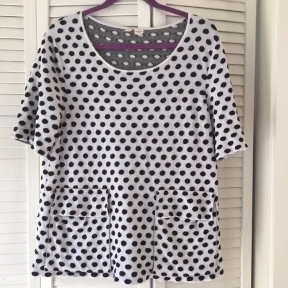 Anthropologie White Crewneck Sweater with Black Polka Dots